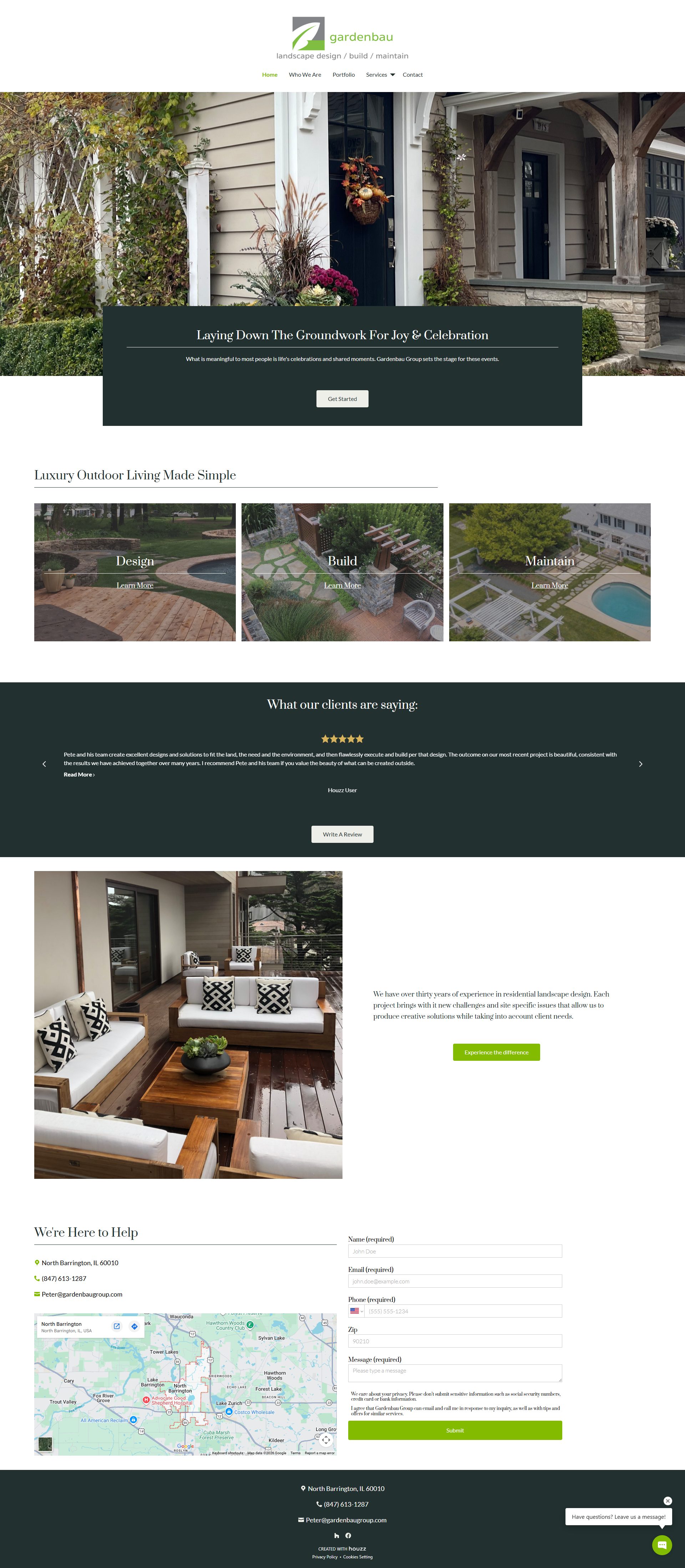 Gardenbau Group’s original homepage with a centered logo, house photograph, and landscape services