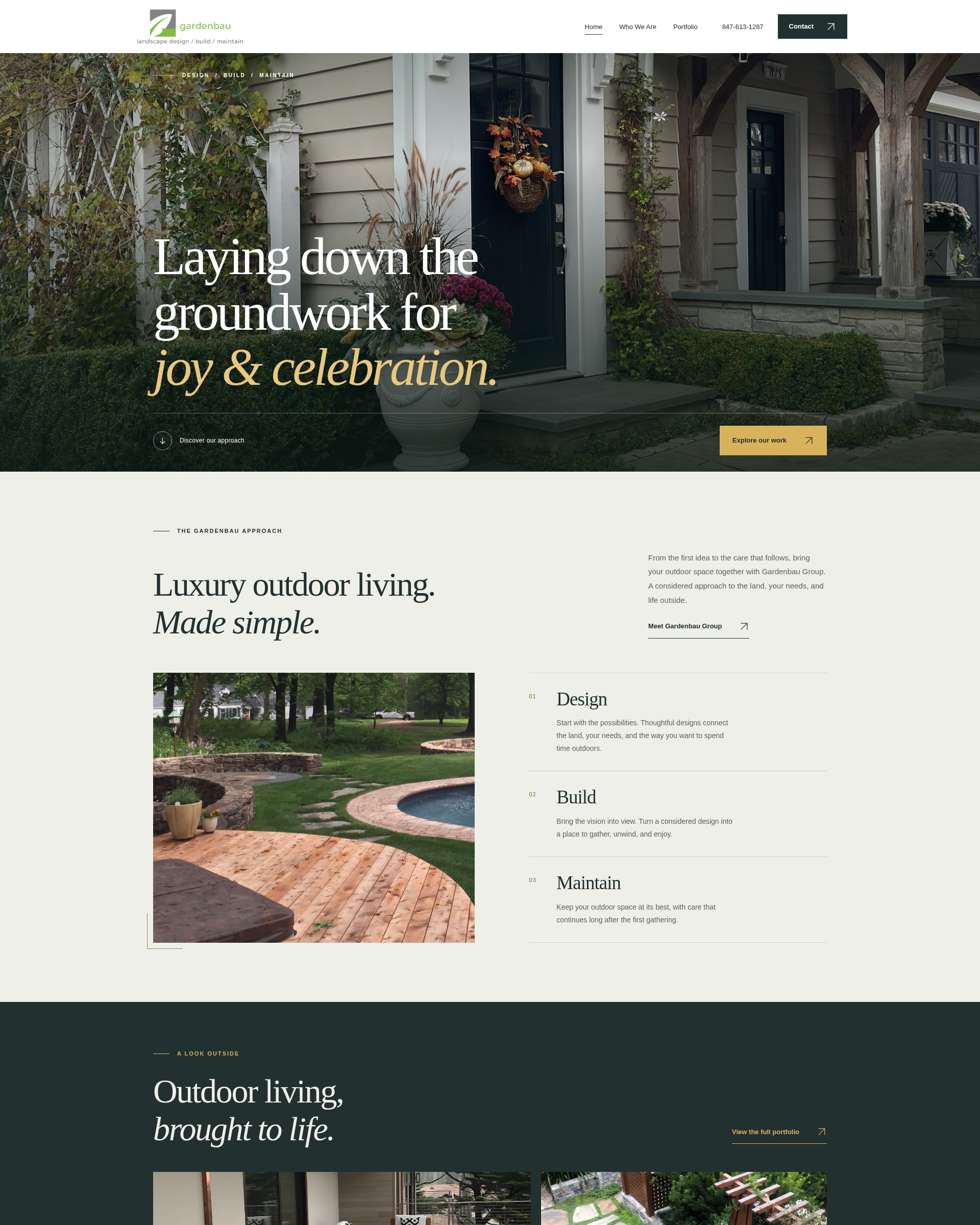Gardenbau Group’s selected redesign showing the house hero, landscape design services, and outdoor living portfolio