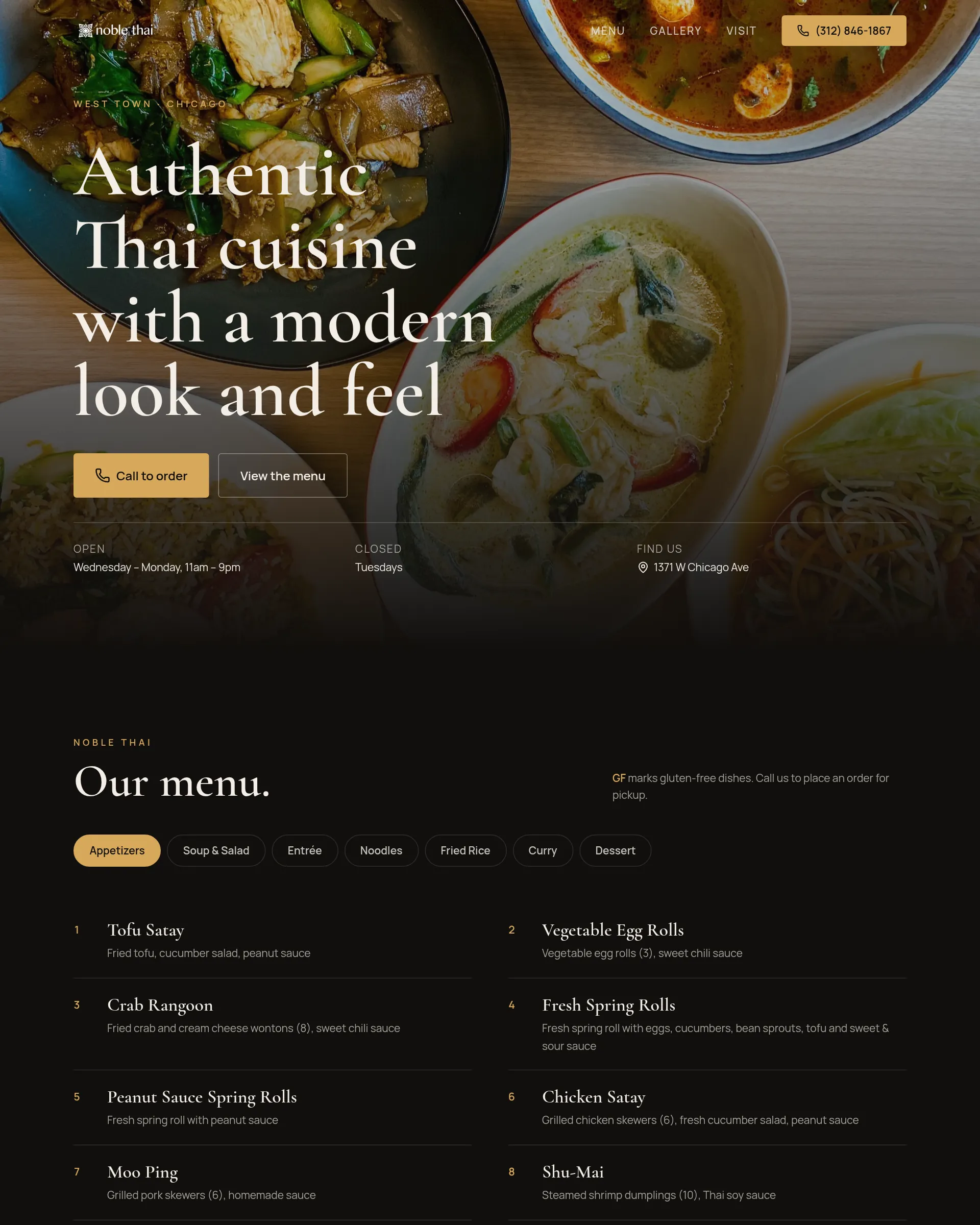 Noble Thai’s Yoink redesign: its real logo over a full-bleed photo of curry, noodles and fried rice, a large serif headline, gold Call to order button, hours and address, then a dark menu with category tabs