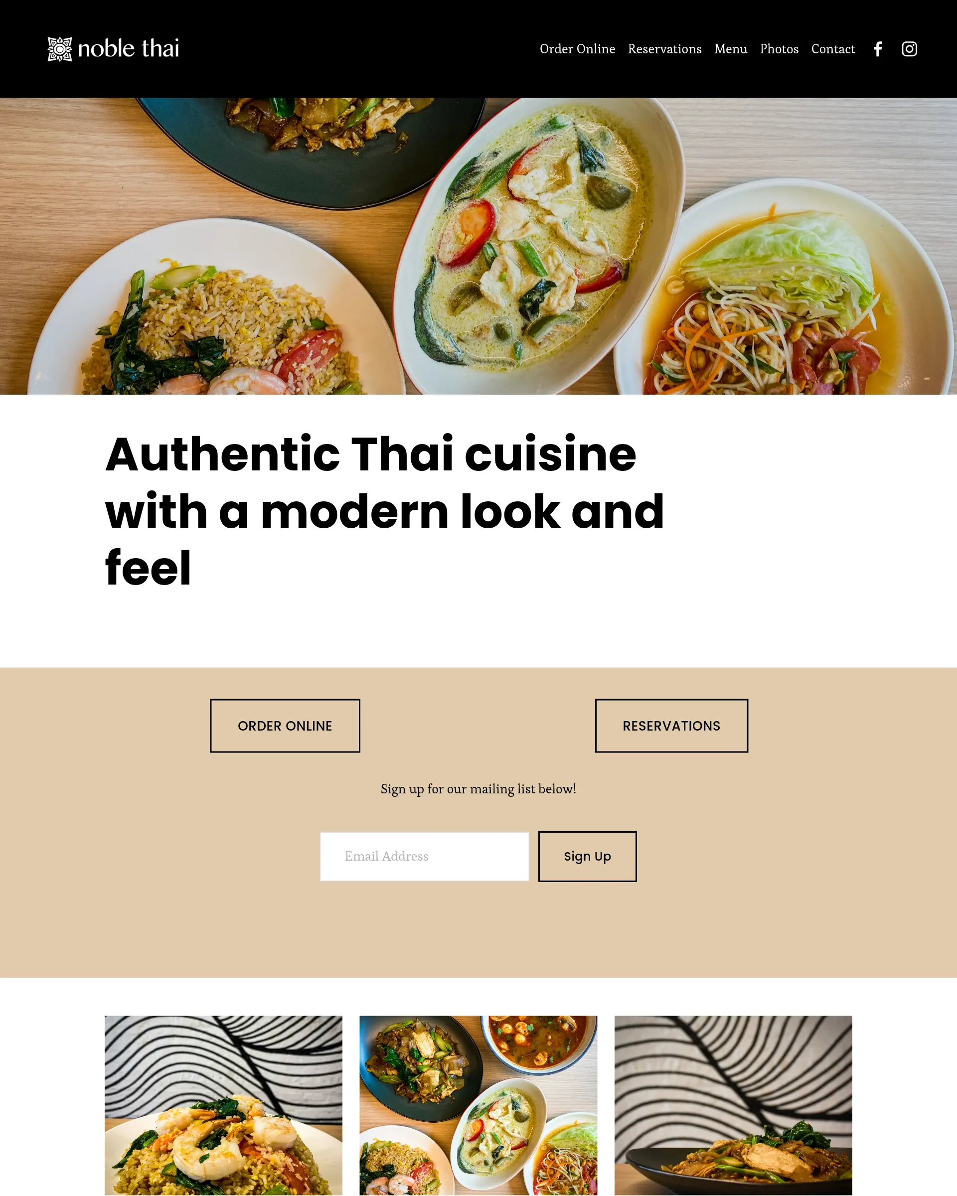 Noble Thai’s original homepage: a black header, a food photo strip, a plain bold heading on white, and a beige band with Order Online, Reservations and a mailing list signup